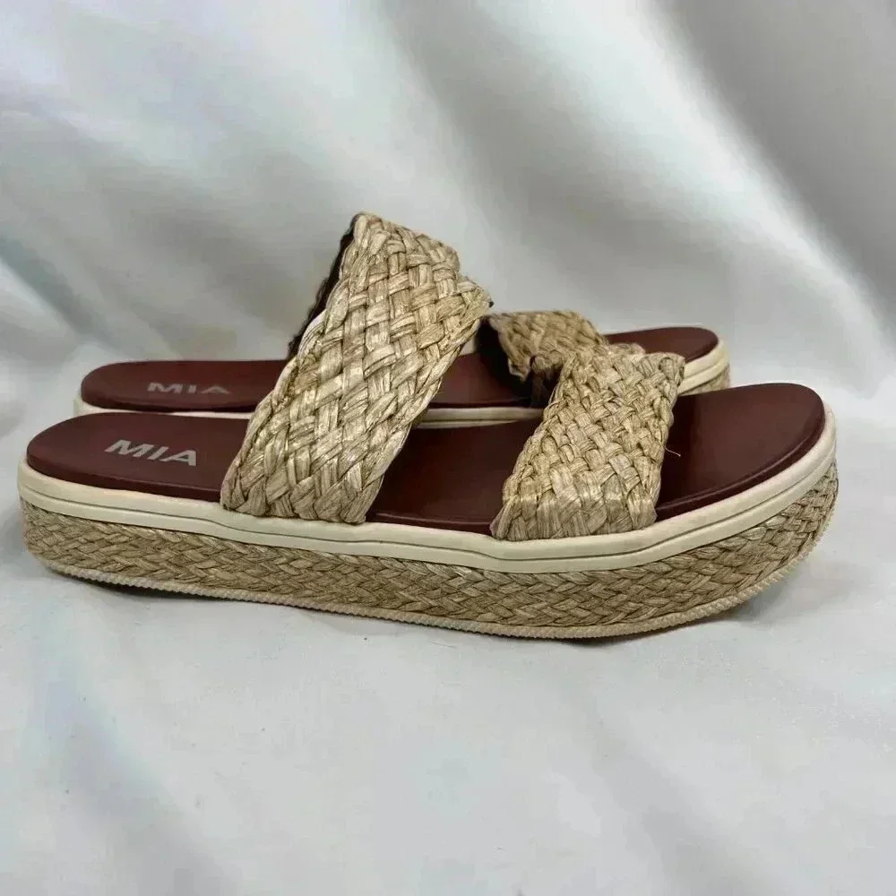MIA Cami Size 9.5 Sandal Raffia Natural Neutral Platform Double Band